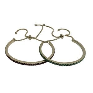 Two Red and Green Rhinestone Gold Tone Bangle Bracelets w/ Adjustable Chains